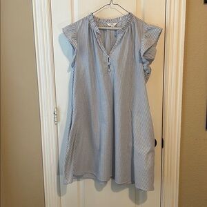 Time AND tru Blue and White Striped Ruffle mini Dress Preppy Resort Vacation